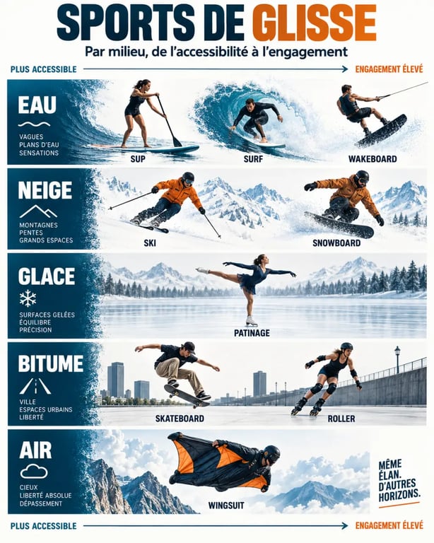 Infographie des sports glisse classés par milieu et niveau d'accessibilité