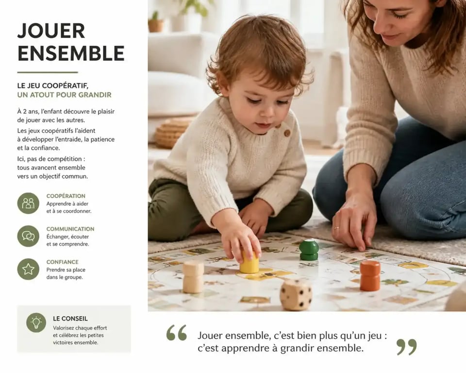 Enfant de 2 ans jouant à un jeu de société coopératif en bois avec un parent