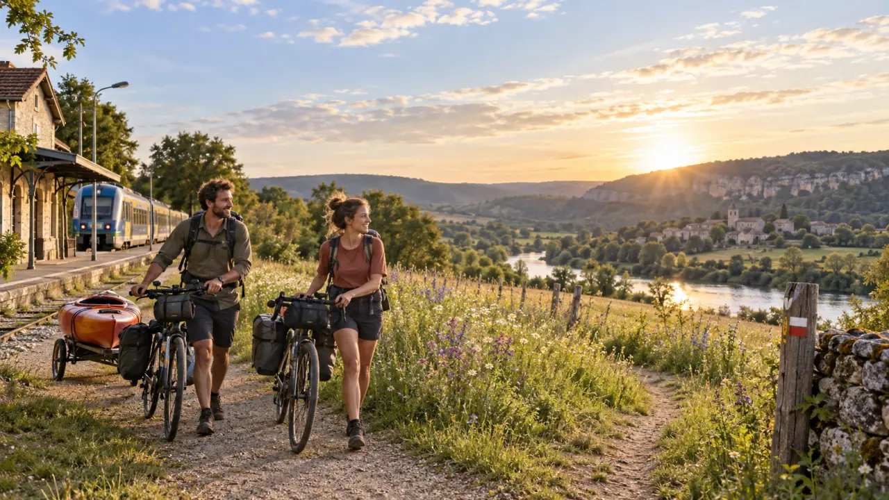 Randonneurs avec des sacs légers sur un sentier naturel accessible en train ou en vélo