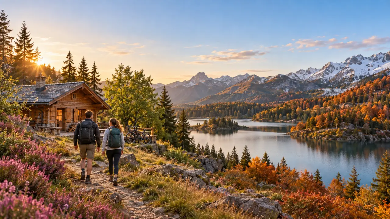 Route sinueuse traversant une forêt et des montagnes au coucher du soleil
