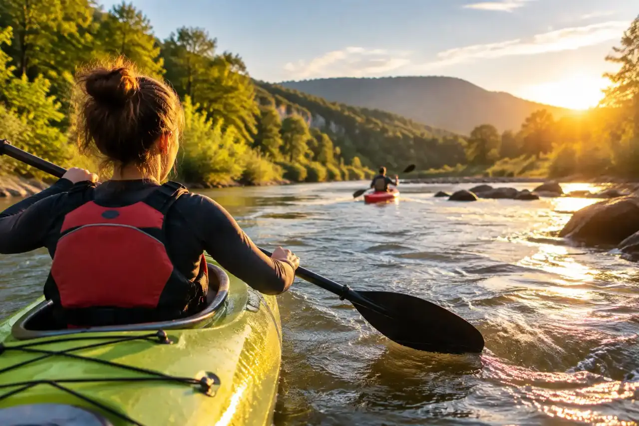 Kayakiste descendant une rivière entourée de paysages naturels