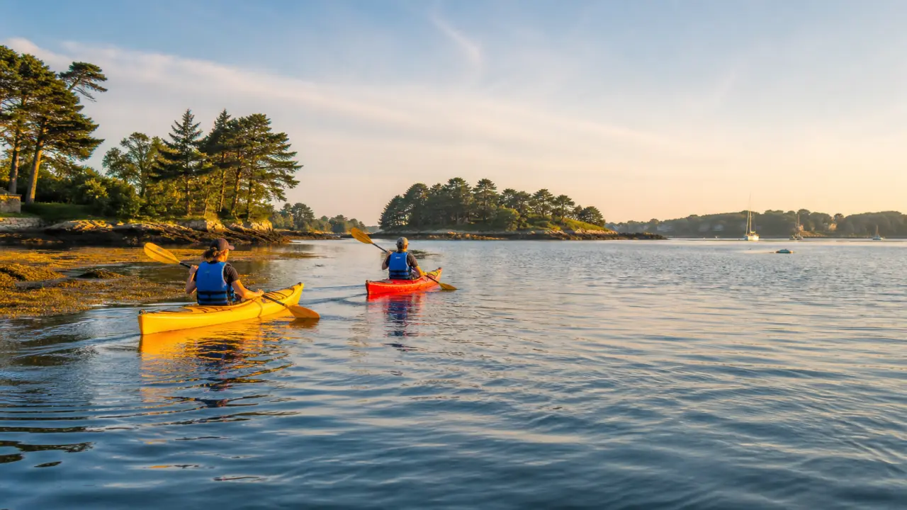 Kayak sur l'eau calme du Morbihan au lever du jour