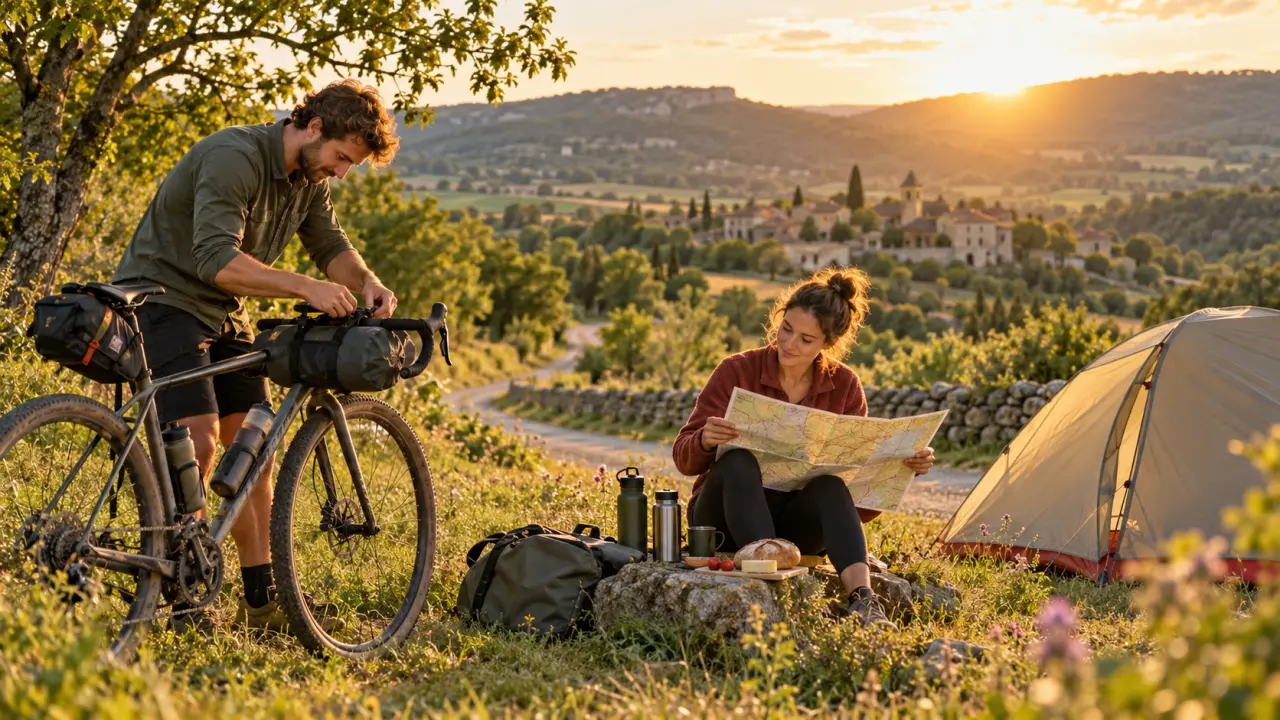 Deux cyclistes chargés légèrement suivent une petite route au milieu d'un paysage verdoyant