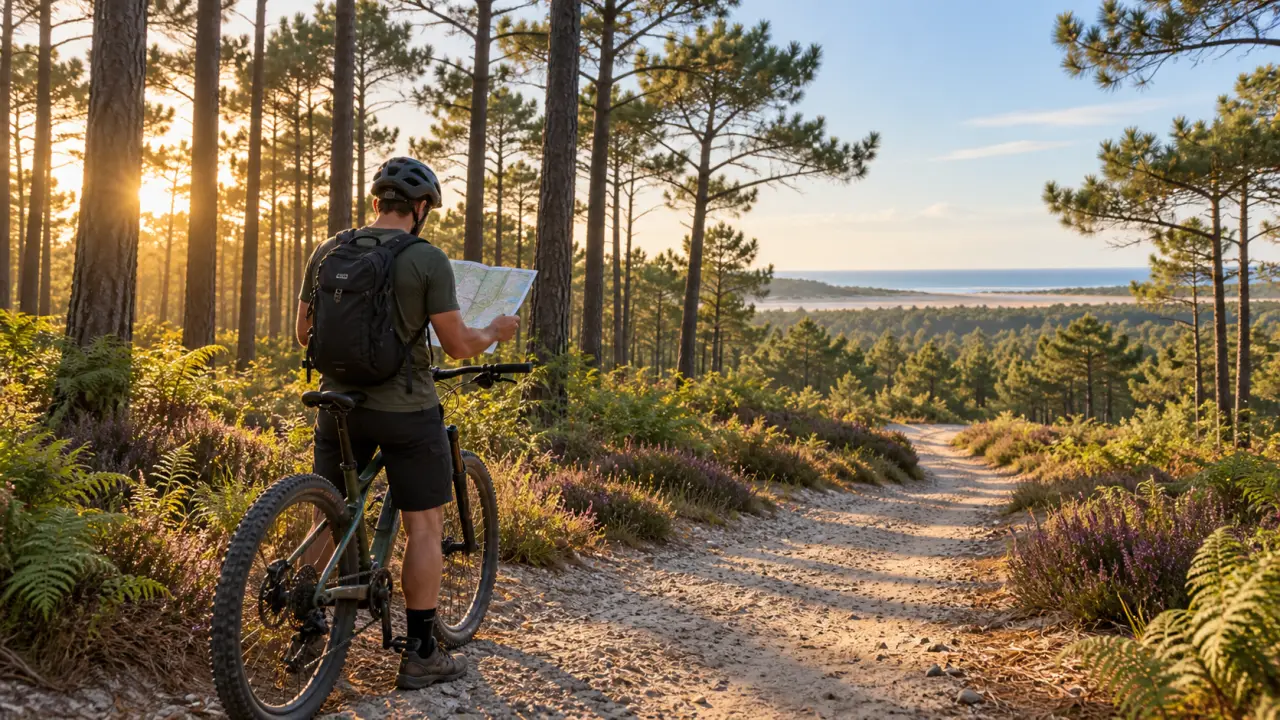 Sentier VTT serpentant à travers une forêt de pins maritimes dans les Landes