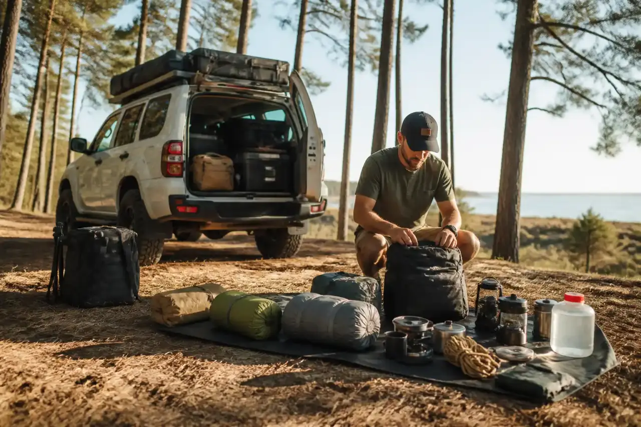 Bivouac dans une forêt de pins des Landes au coucher du soleil