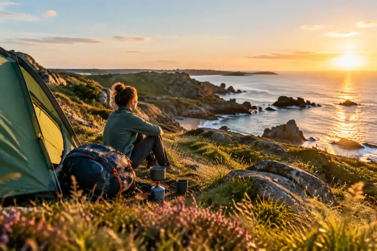 Randonneur préparant un bivouac sur un sentier côtier breton