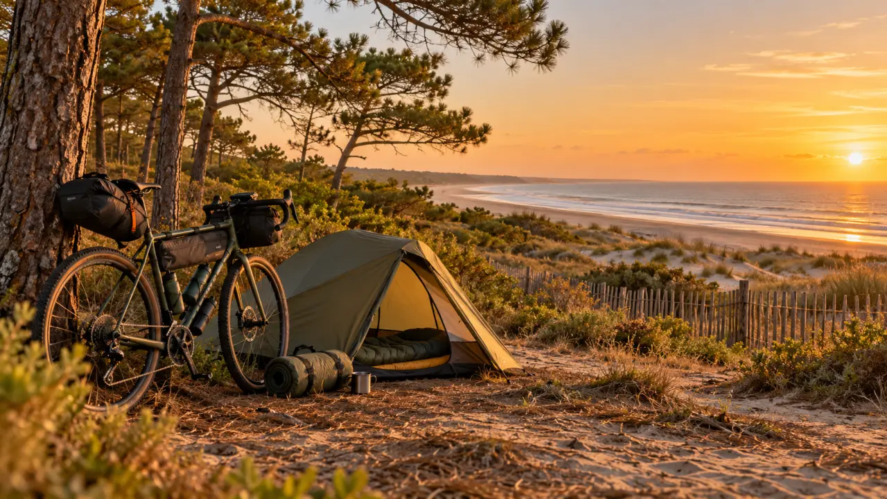Cycliste à vélo près de la côte sur la Vélodyssée, avec une tente de bivouac et une lumière douce