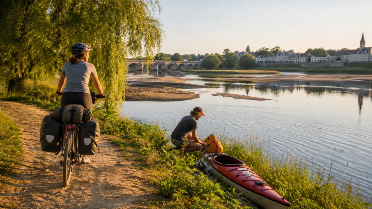 Vue panoramique d'une route sinueuse traversant une forêt dense avec la Loire en arrière-plan, au coucher du soleil