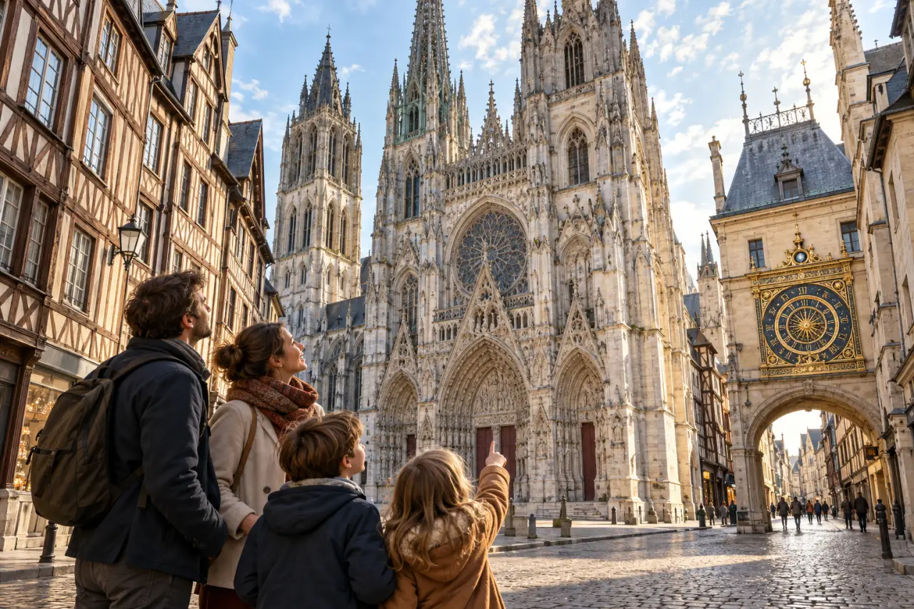 Activités Rouen en famille gratuit : balade devant la cathédrale et les maisons à colombages