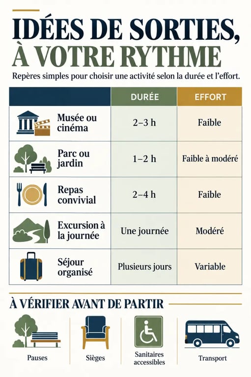 Idée de sortie pour seniors : durée, effort et accessibilité des principales activités