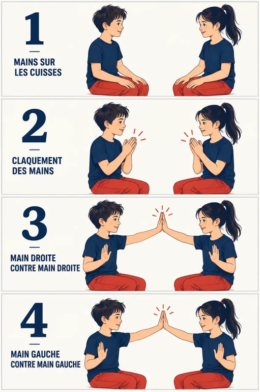 Jeux de main récréation : séquence illustrée du jeu de claquements à deux