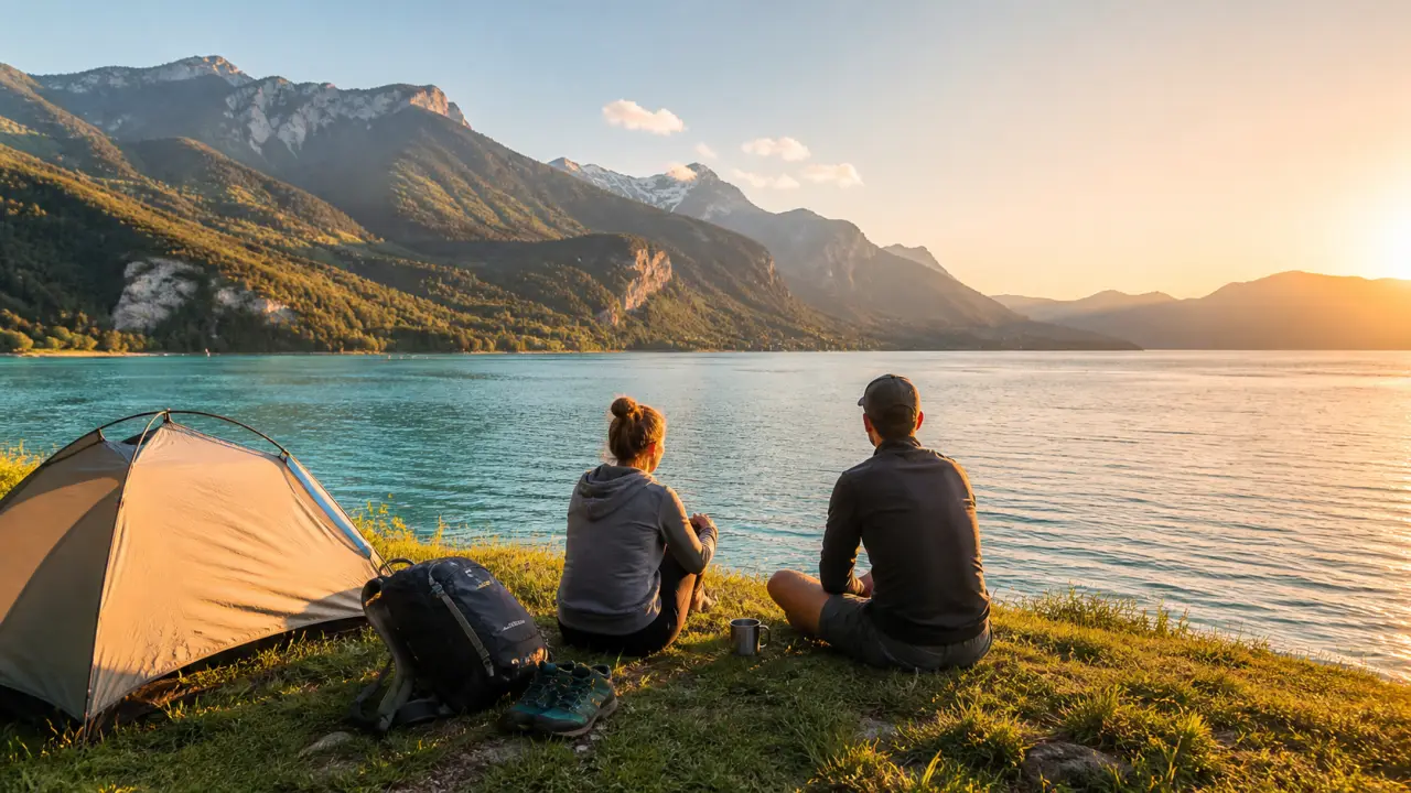 Paysage de montagne au bord du lac d’Annecy au coucher du soleil