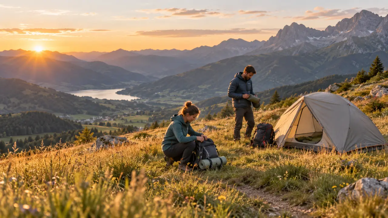 Tente légère installée au bord d'un paysage naturel au coucher du soleil
