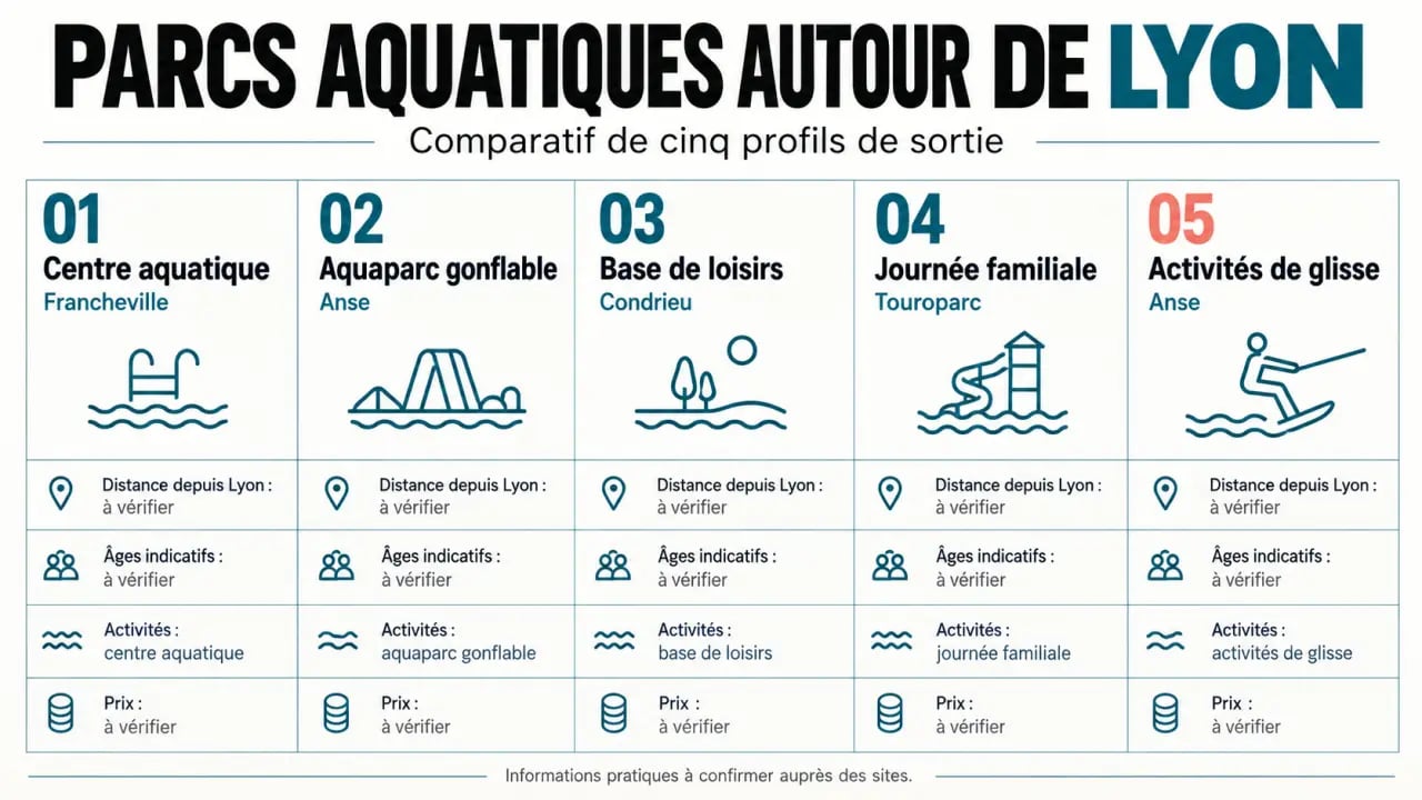 Parcs aquatiques Lyon : infographie comparative des activités, distances et tarifs autour de la ville
