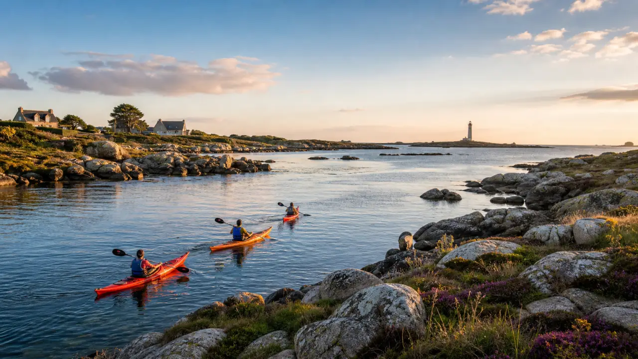Kayak en Bretagne au coucher du soleil, eau calme et littoral préservé