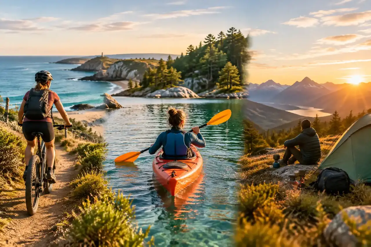 Voyageurs à vélo près d'une rivière, avec un kayak et une tente dans un paysage naturel