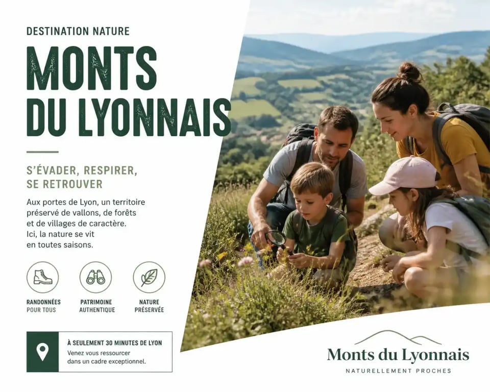 Famille en randonnée lors d'une sortie autour de Lyon en famille dans les Monts du Lyonnais