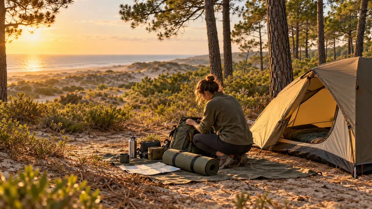 Bivouac au coucher du soleil dans une forêt de pins des Landes
