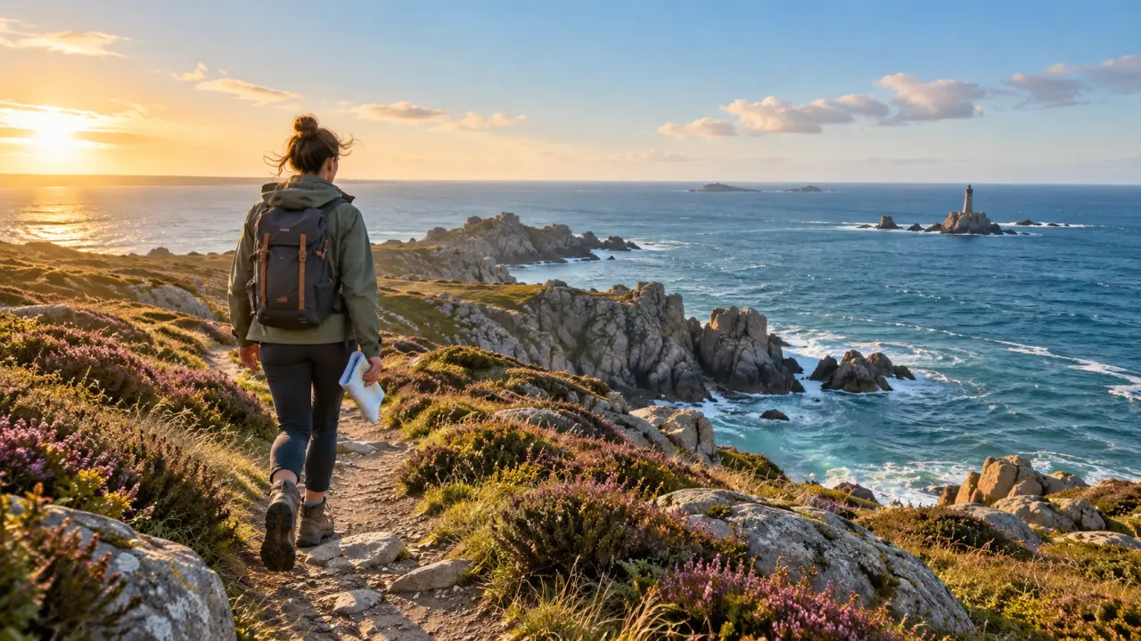 Randonneurs sur un sentier côtier en Bretagne face à la mer