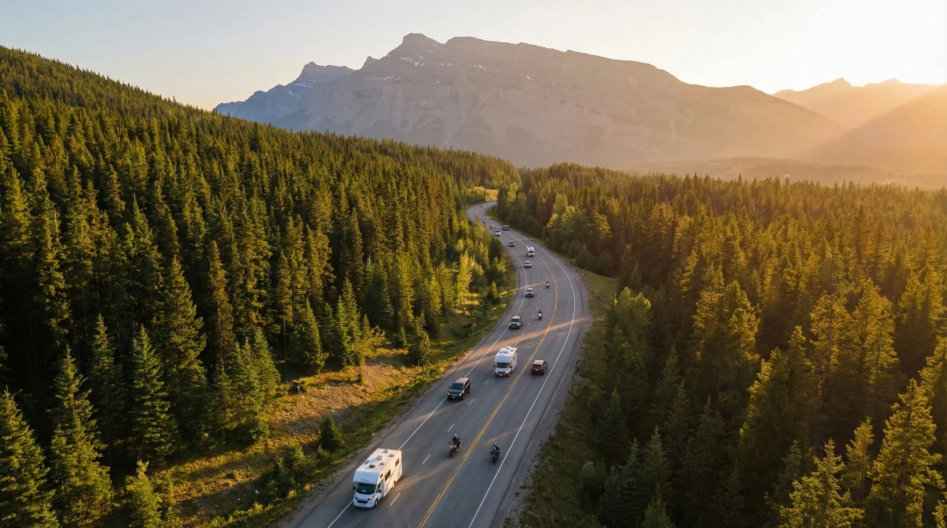 Vue panoramique route de montagne au coucher du soleil