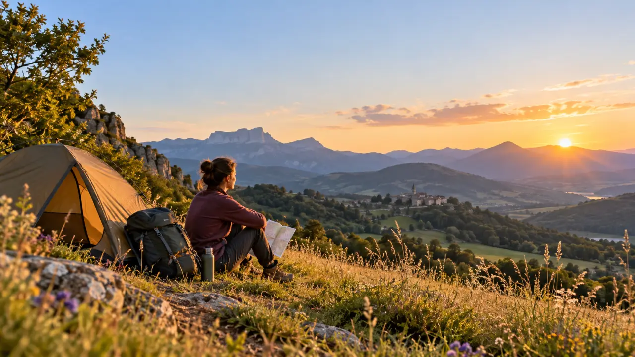 Tente légère installée au bord d'un paysage naturel français au coucher du soleil