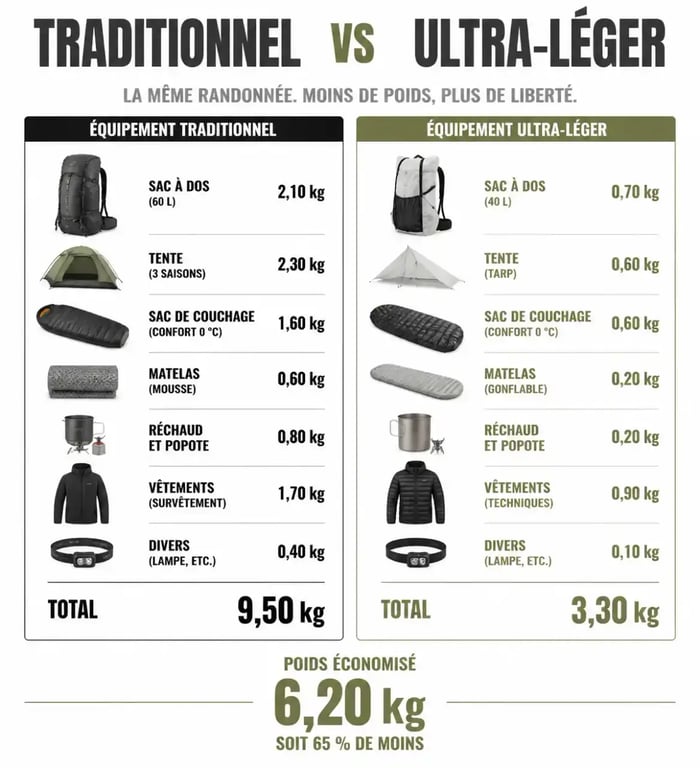 Comparatif poids équipement randonnée légère vs traditionnel