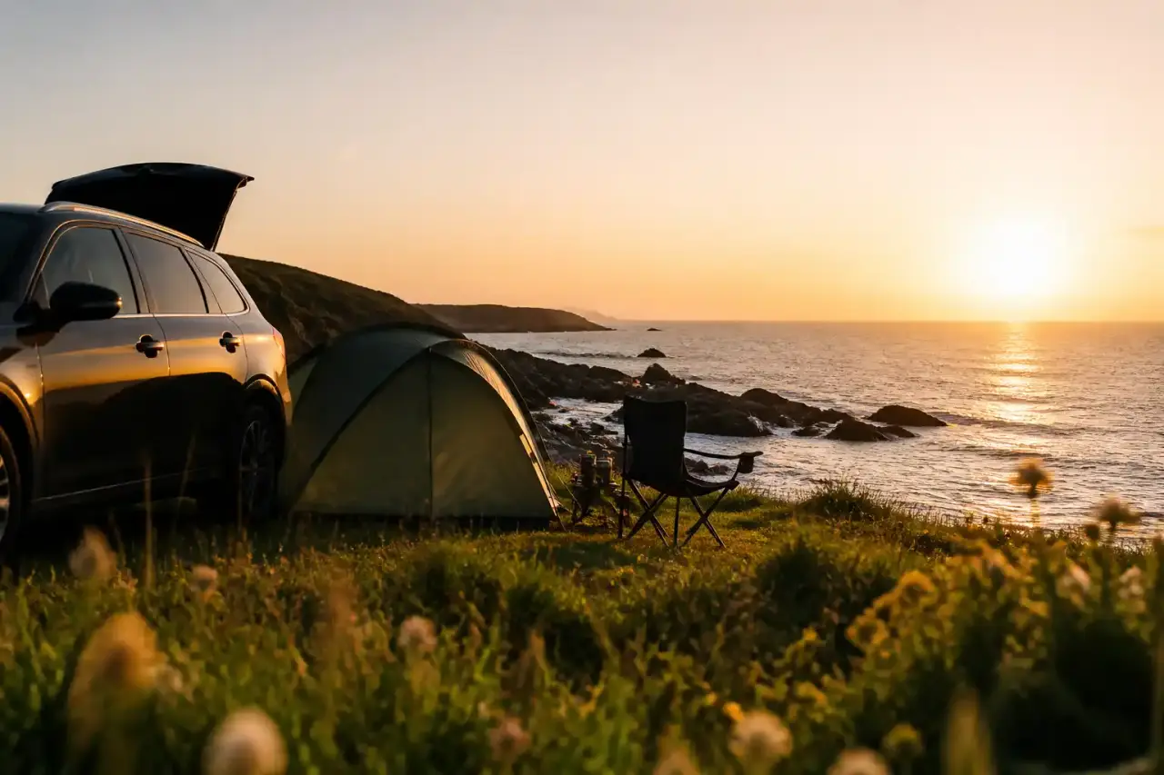 Tente de bivouac face à un paysage côtier breton au lever du soleil