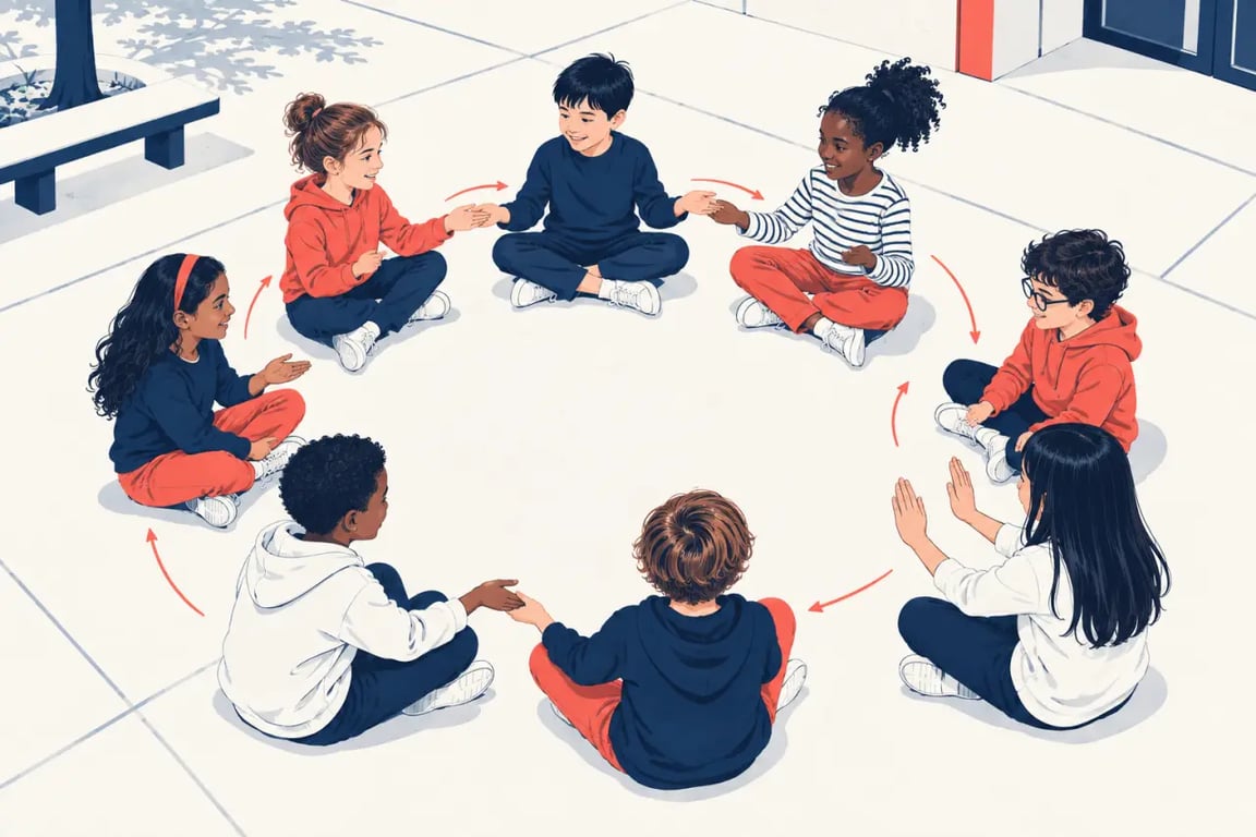 Jeux de main récréation en cercle avec gestes doux et adaptation sans contact