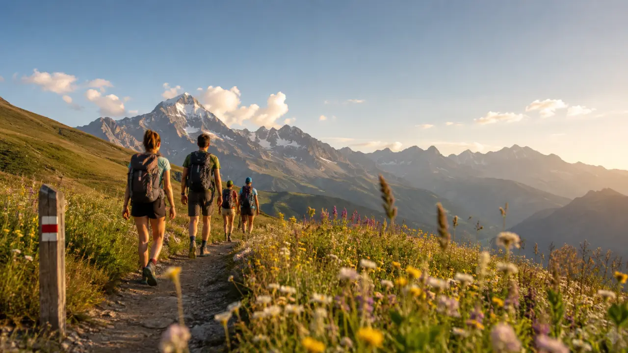 Sentier de montagne accessible pour une randonnée débutant, dans une ambiance naturelle et lumineuse