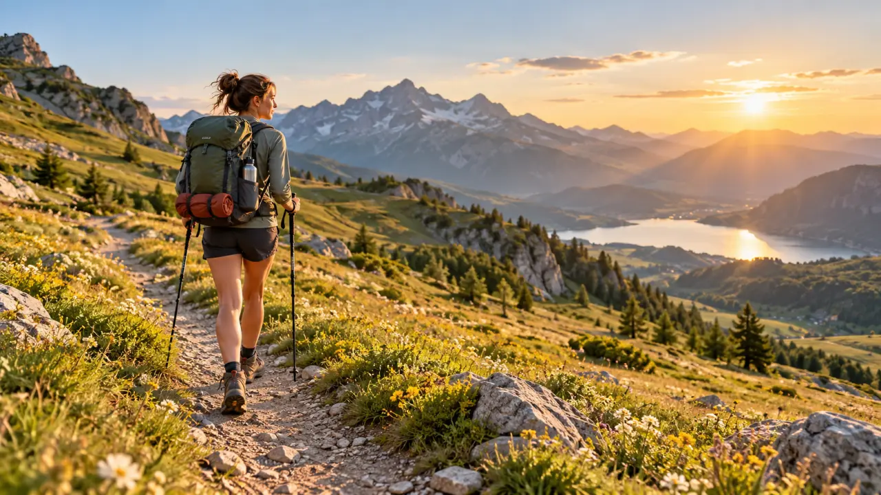 Randonneur avançant sur un sentier naturel avec un sac à dos léger