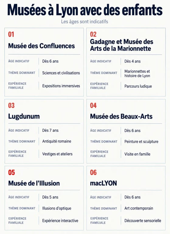 Infographie comparative des musées lyonnais pour enfants selon l’âge, le thème et l’expérience familiale