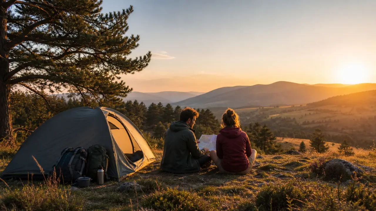 Route sinueuse à travers une forêt de sapins avec montagne au coucher du soleil