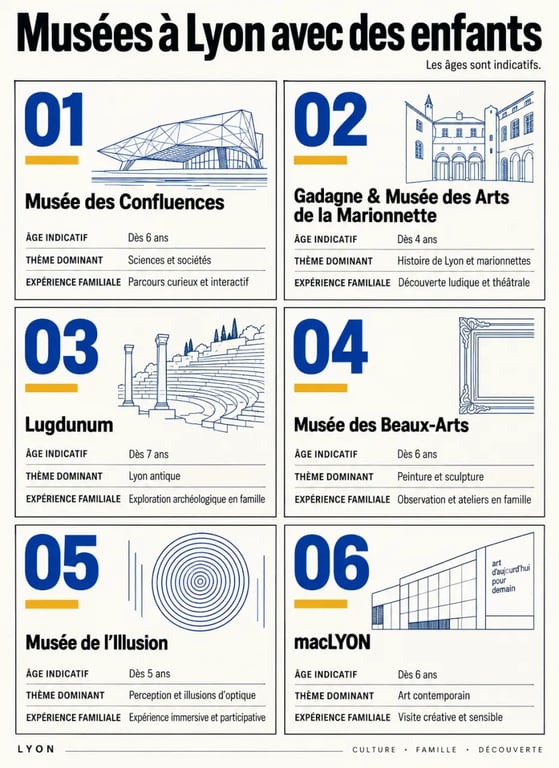 Infographie comparative des musées lyonnais pour enfants selon l’âge, le thème et l’expérience familiale