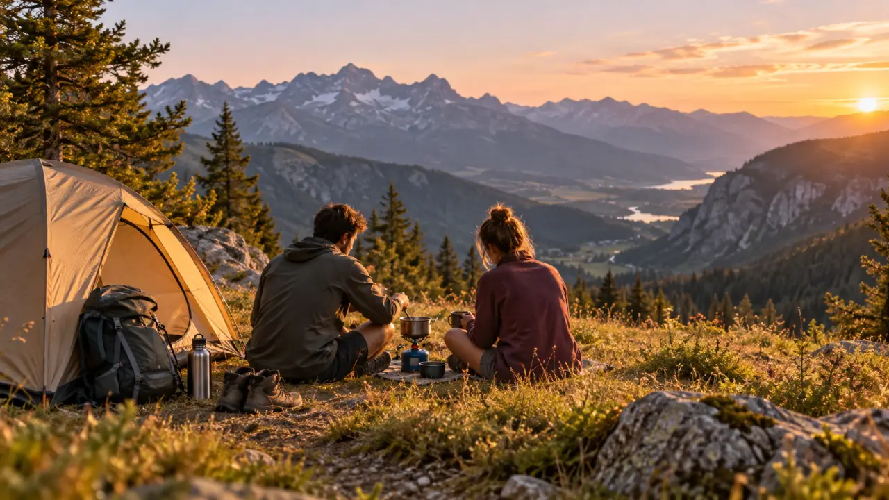 Tente légère installée au coucher du soleil dans un paysage naturel français