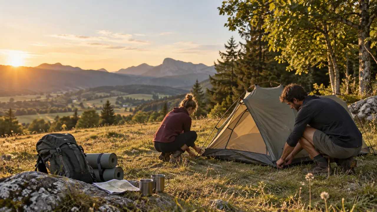 Bivouac au coucher du soleil dans un paysage naturel français