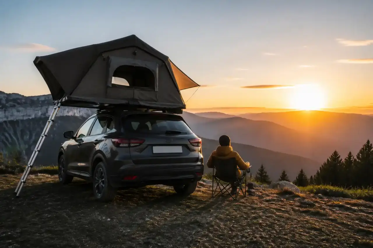 Tente de bivouac discrète installée au lever du soleil dans un paysage naturel préservé