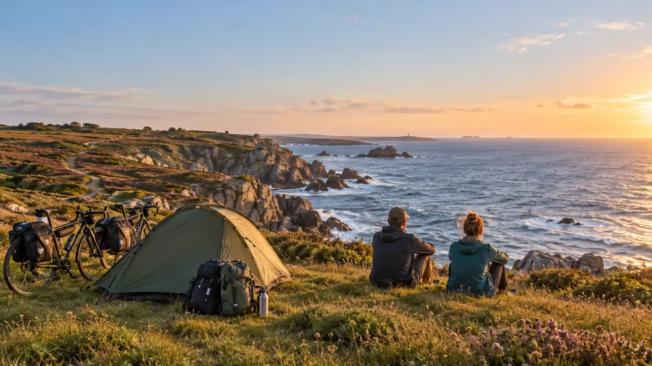 Randonneurs avec leurs sacs à dos sur un sentier côtier breton au lever du jour