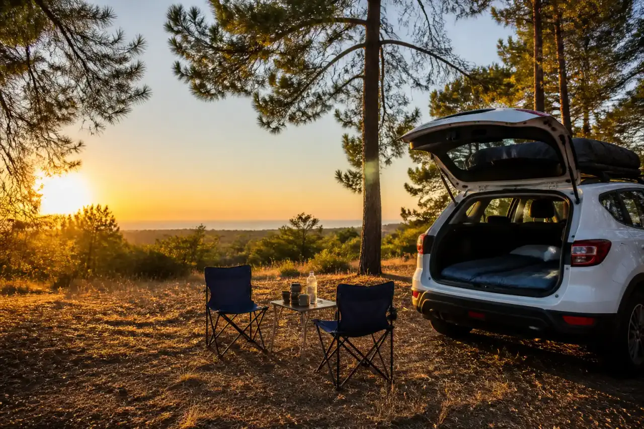 Bivouac au lever du soleil dans une pinède des Landes
