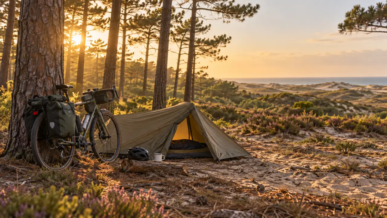 Vélo chargé posé près d'un chemin forestier dans les Landes